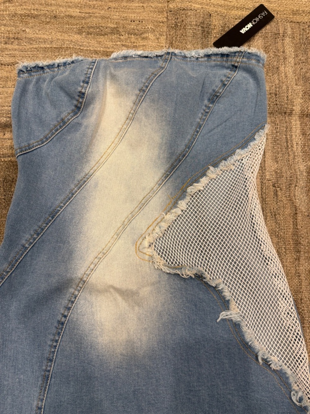NWT Fashion Nova Light Blue Strapless Distressed Denim & Mesh Mini Dress - Picture 3 of 8